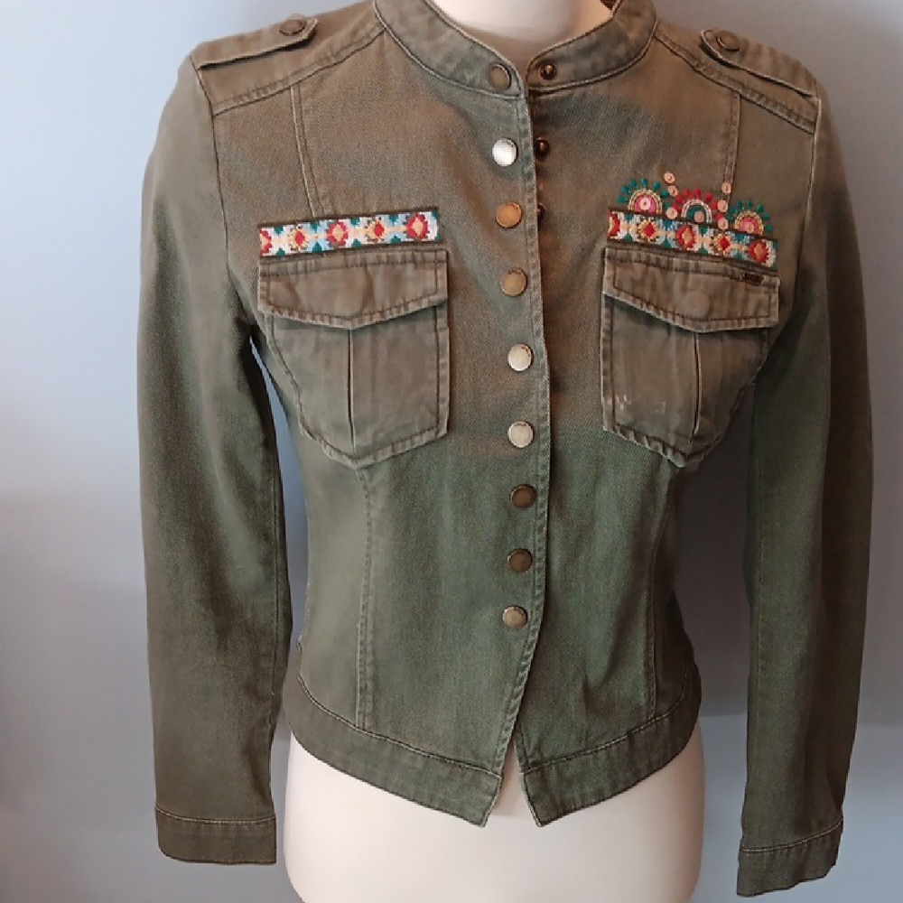 Only Embroidered Olive Green Fringed Military Jacket